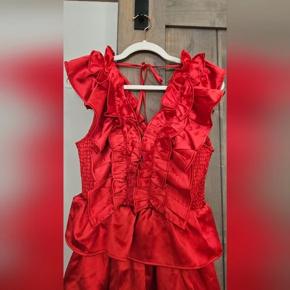 KARLIE Satin Ruffle Smock Dress in Red. Size  M NWOT - Picture 7 of 14